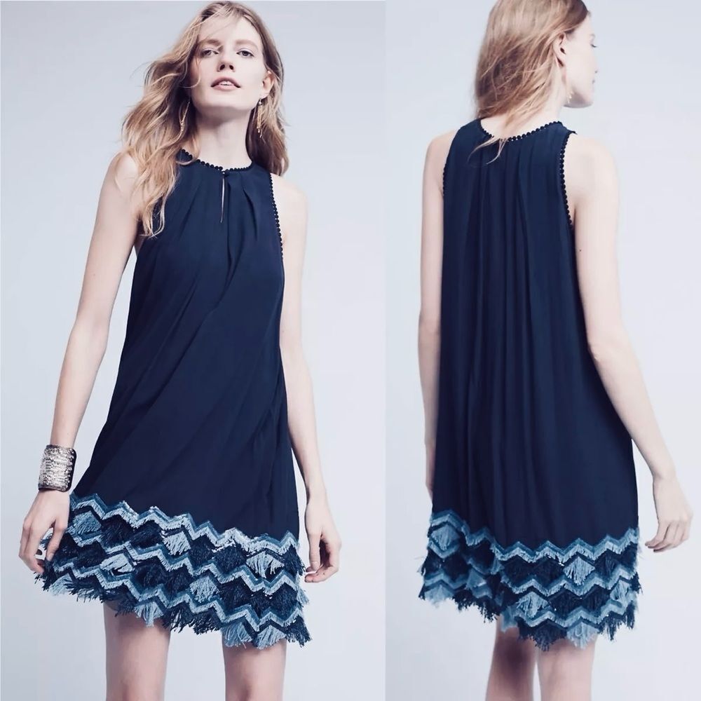 Maeve x Anthropologie Fringe Botton Dress Navy Blue Size 0 Gently Used MSRP $110
